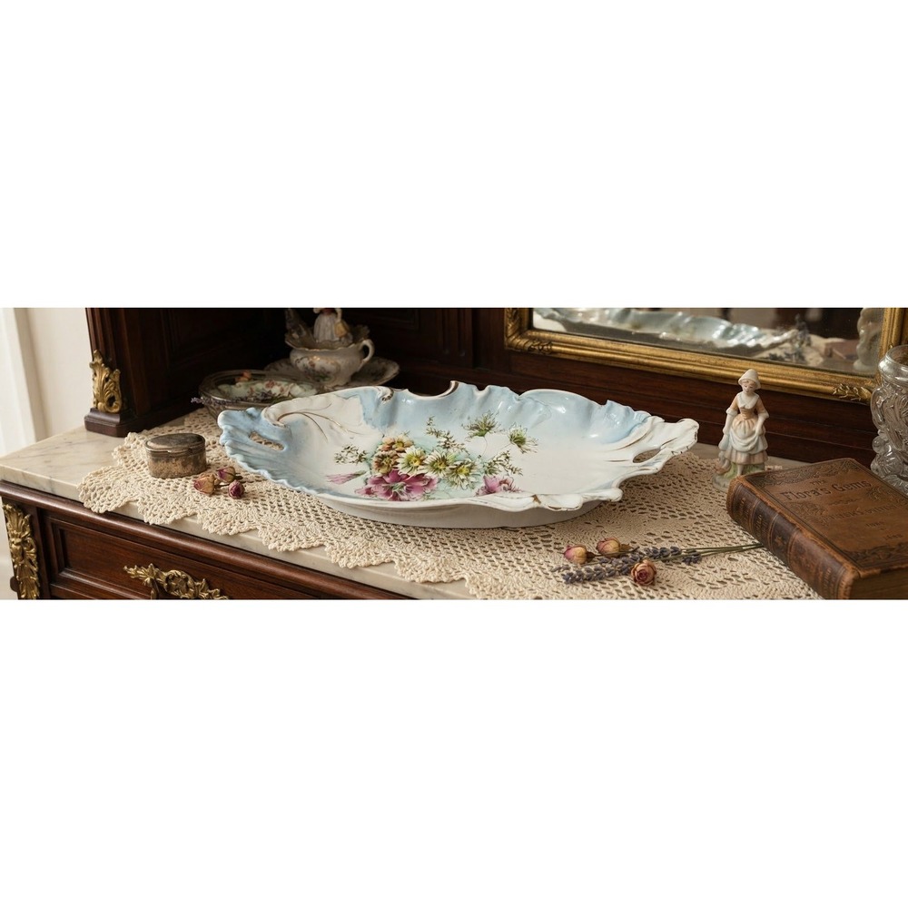 Antique German Bavarian Porcelain Floral Centerpiece Bowl C. 1900 Blue Gold 13"